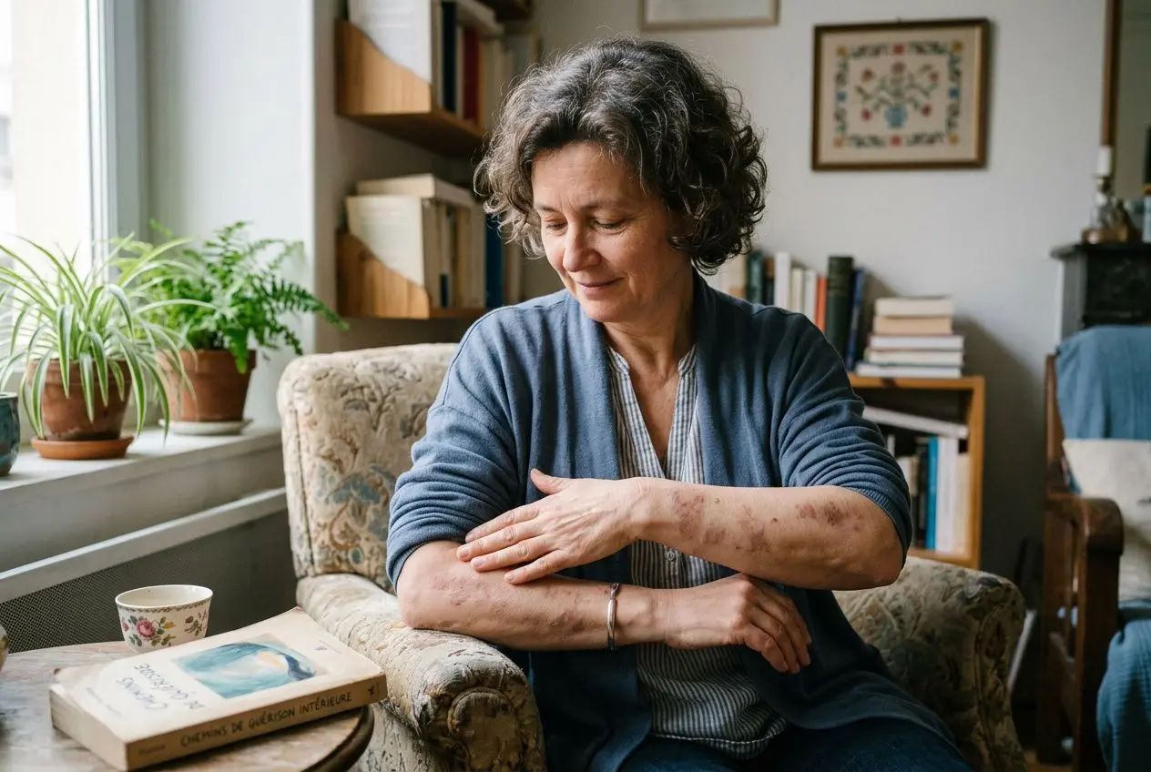 Femme âgée assise dans un fauteuil, se frottant le bras gauche avec douceur, ambiance cosy, livres et plantes autour, zona côté gauche signification spirituelle.