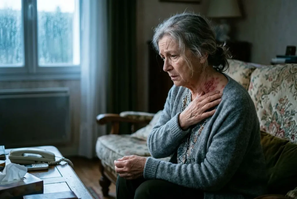 Voici comment libérer ses émotions bloquées 8 Femme âgée souffrante, se touchant l’épaule, assise dans un salon; douleur et malaise émotionnel visibles, en lien avec comment libérer ses émotions bloquées.