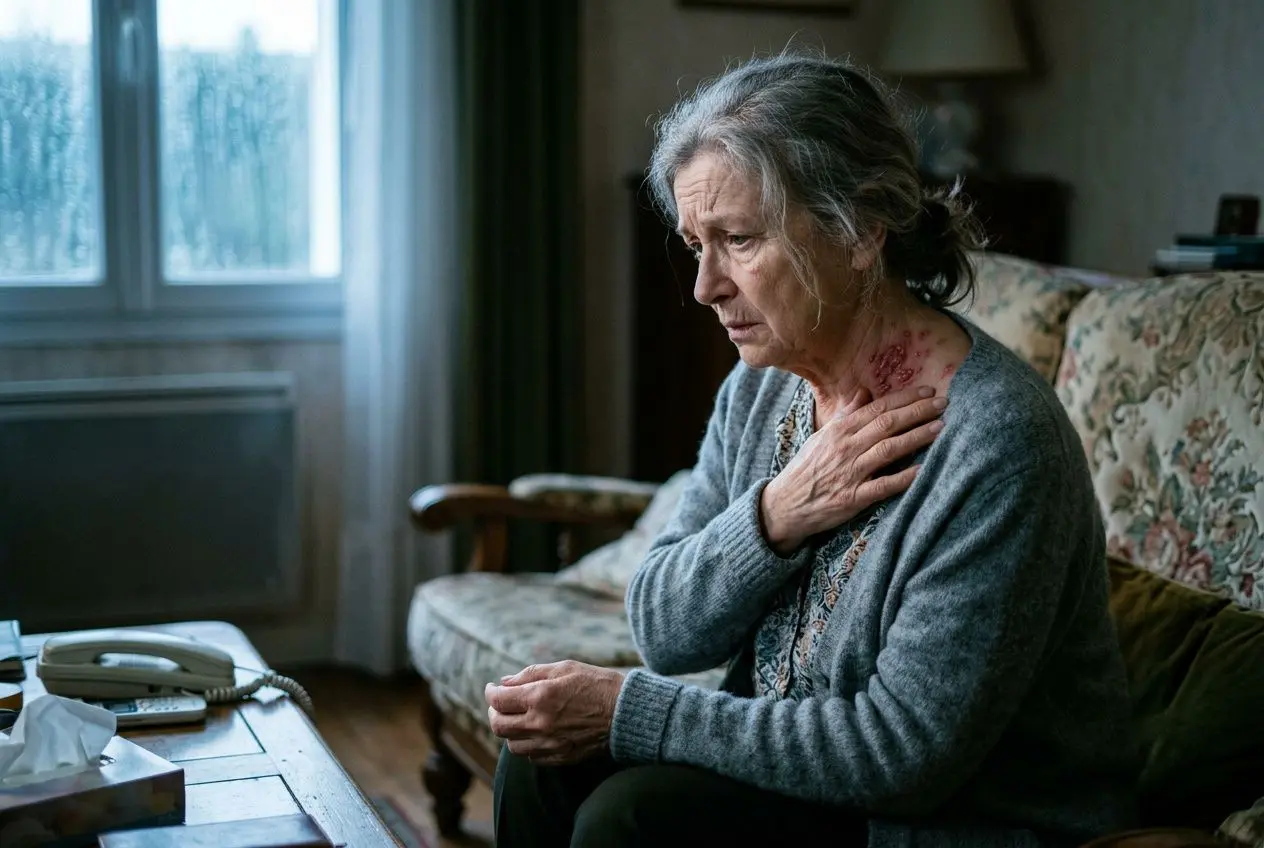 Femme âgée souffrante, se touchant l’épaule, assise dans un salon; douleur et malaise émotionnel visibles, en lien avec comment libérer ses émotions bloquées.