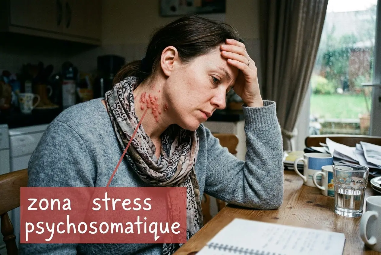 Femme préoccupée et épuisée, main sur le front, avec éruption zoster sur le cou, texte « zona stress psychosomatique » affiché.