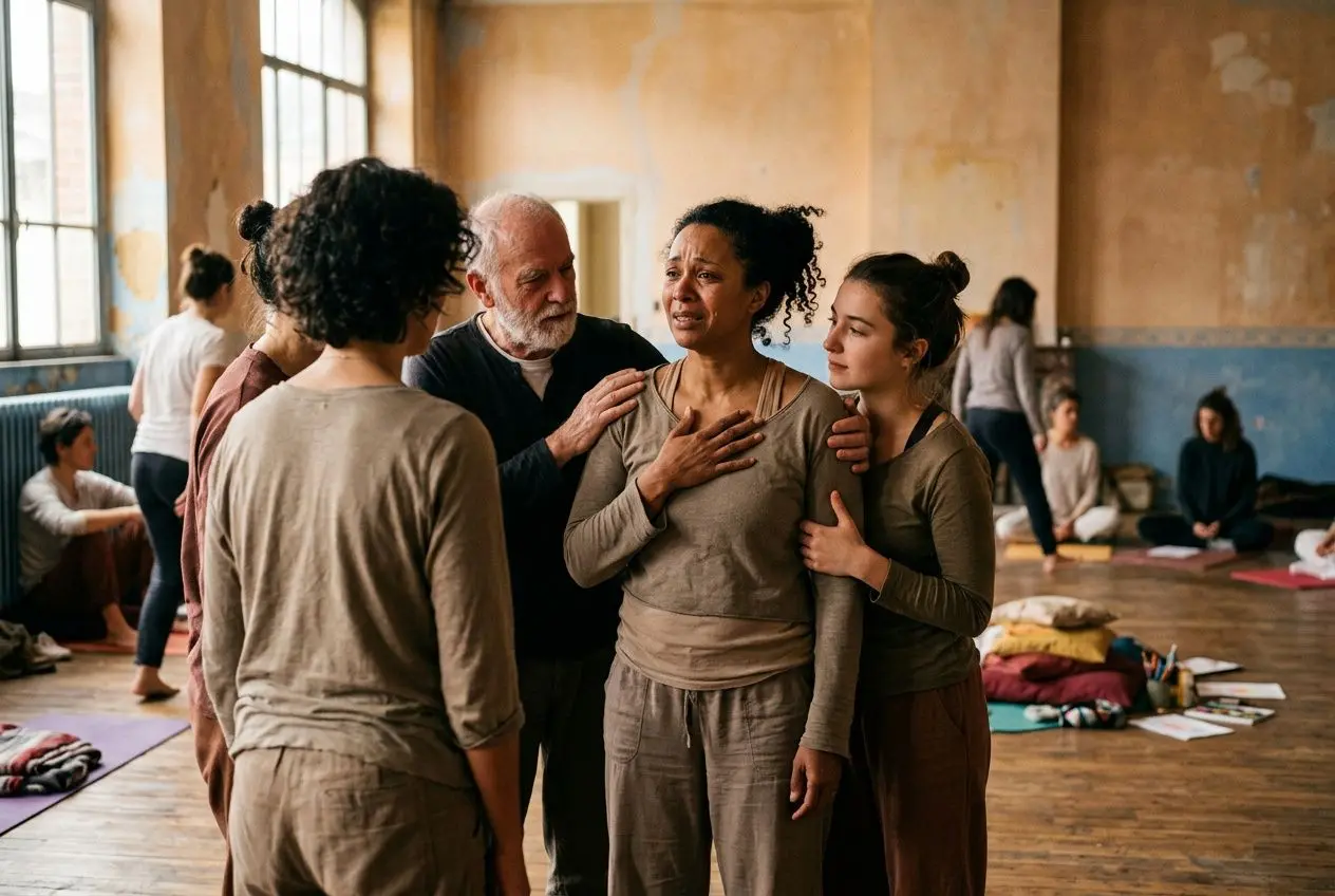 Personnes en cercle dans une pièce, soutien mutuel autour d’un homme âgé réconfortant une femme en détresse. Autres participants assis au sol. Uses psychosomatiques du zona mentionné.