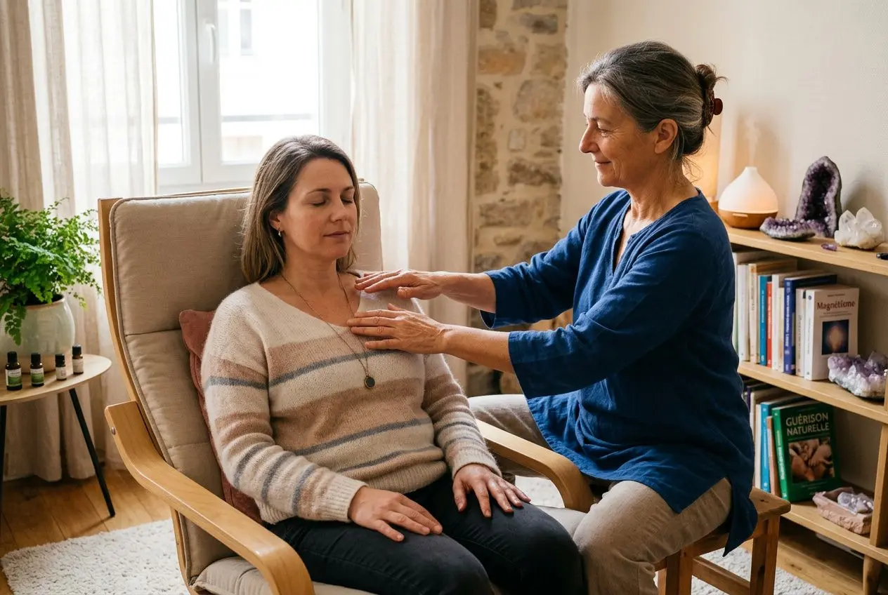 Praticienne effectuant une séance de magnétisme sur une femme assise, ambiance calme et chaleureuse à domicile. Magnétisme thérapeutique efficacité études.