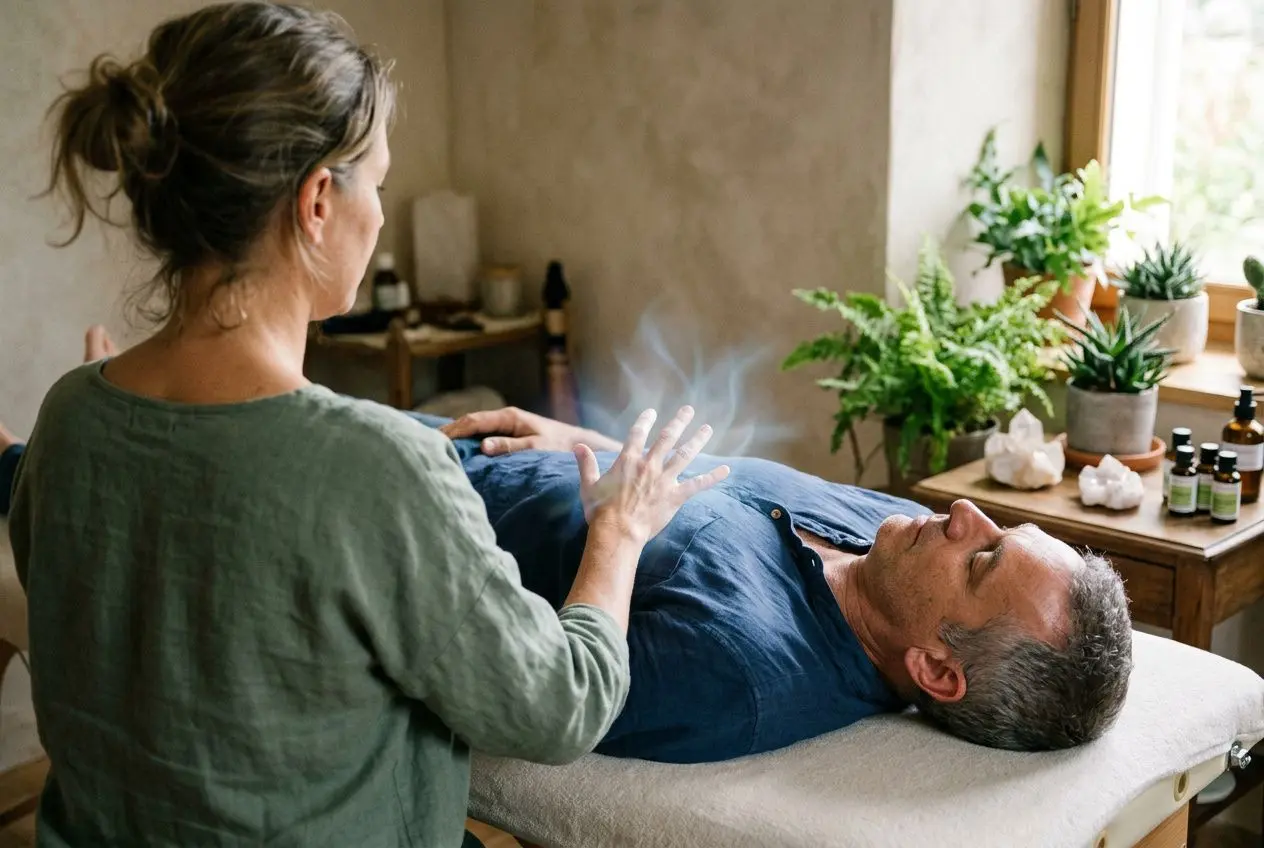 Séance de magnétisme thérapeutique : praticienne plaçant les mains au-dessus d’un homme allongé, ambiance calme et plantes en arrière-plan, échantillons et fioles sur le meuble. Magnétisme thérapeutique efficacité études.