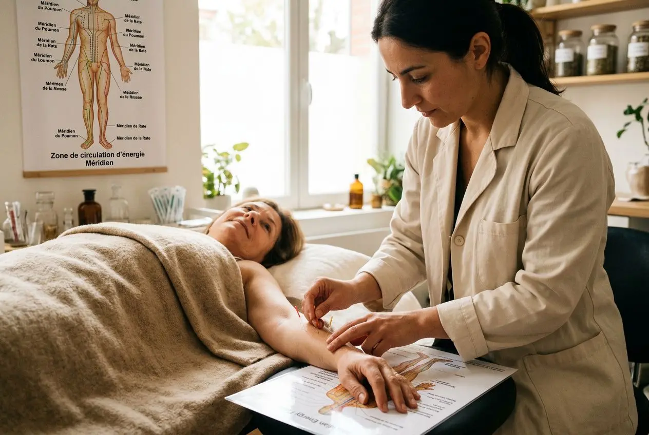 X-ray ou consultation: une praticienne en blouse blanche examine le bras d’une patiente allongée sur une table, avec documents anatomiques à proximité. uses psychosomatiques du zona évoqué.