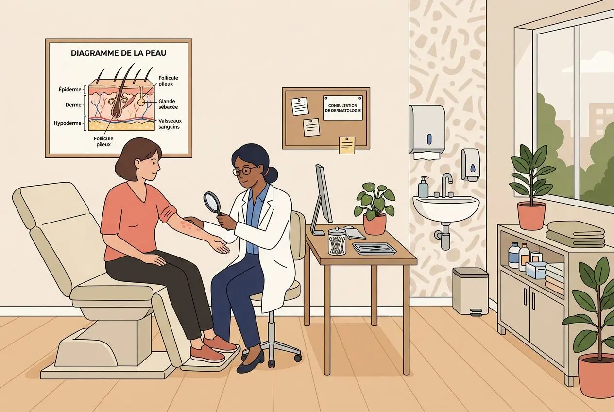 Consultation médicale illustrée: une patiente assise sur une chaise d’examen pendant qu’un médecin examine son pied avec une loupe, dans un cabinet médical lumineux. Consultation médicale illustrée: une patiente assise sur une chaise d’examen pendant qu’un médecin examine son pied avec une loupe, dans un cabinet médical lumineux.
