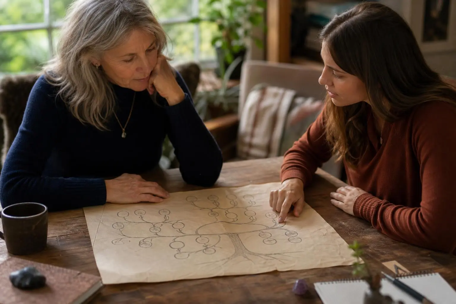 Deux femmes discutent autour d’un arbre généalogique dessiné sur papier, symbolisant la thérapie transgénérationnelle et l’exploration de l’héritage familial.