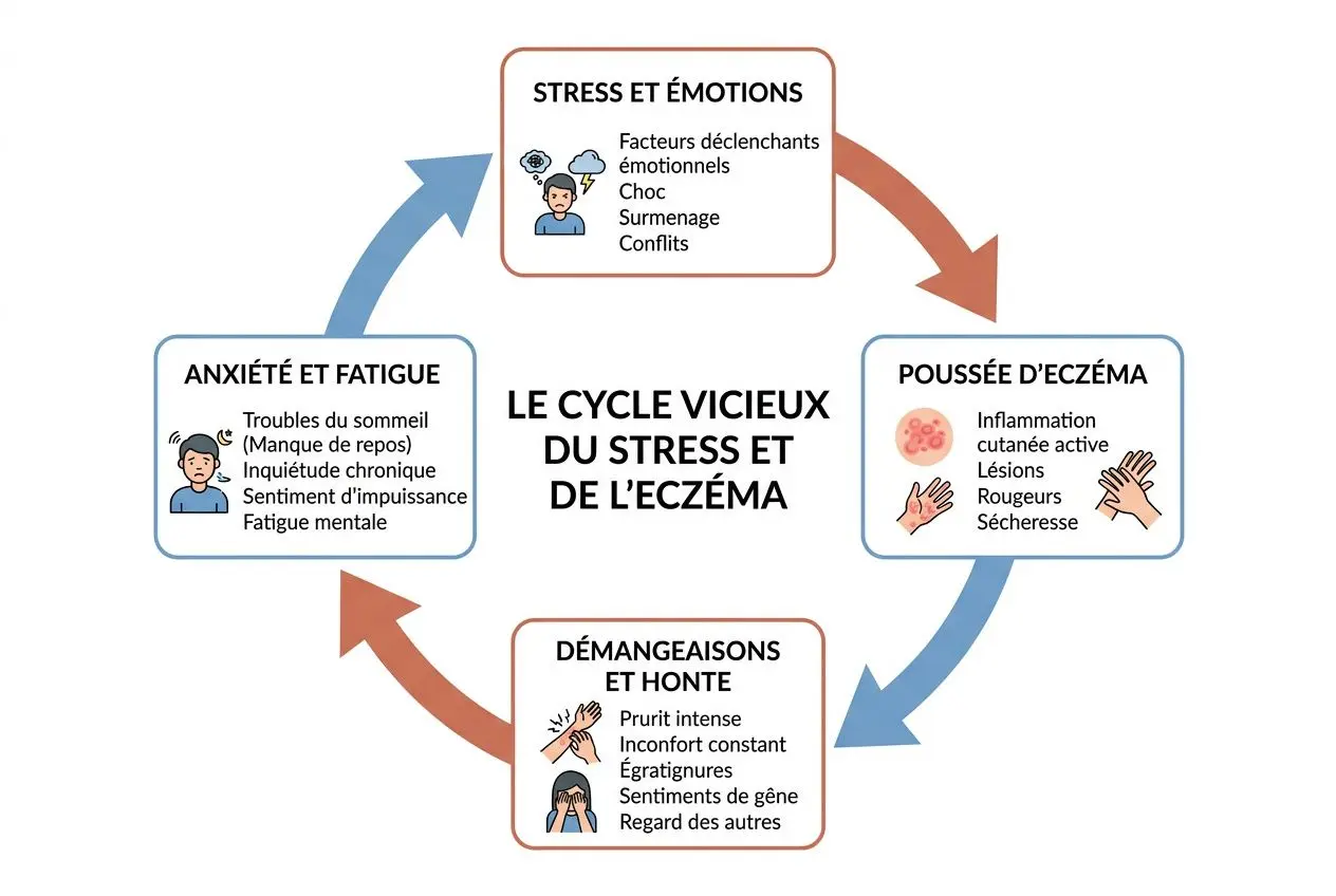 Eczéma nerveux : causes, rôle du stress et traitement 2 Diagramme illustrant le cycle vicieux du stress et de l’eczéma: stress et émotions → poussée d’eczéma → démangeaisons et honte → anxiété et fatigue, montrant l’interaction entre ces éléments et les facteurs déclencheurs. eczéma nerveux est lié au stress.
