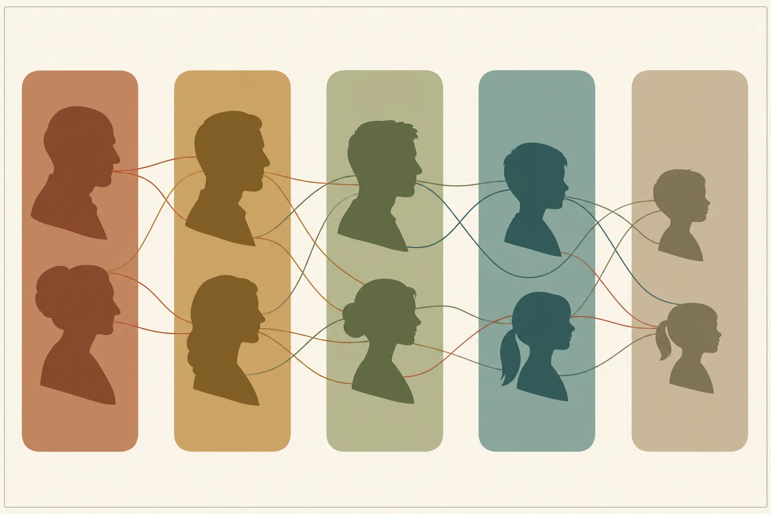 Diagramme représentant des silhouettes humaines reliées par des lignes, symbolisant la mémoire transgénérationnelle et les héritages émotionnels. mémoire transgénérationnelle exemple au cœur du concept.