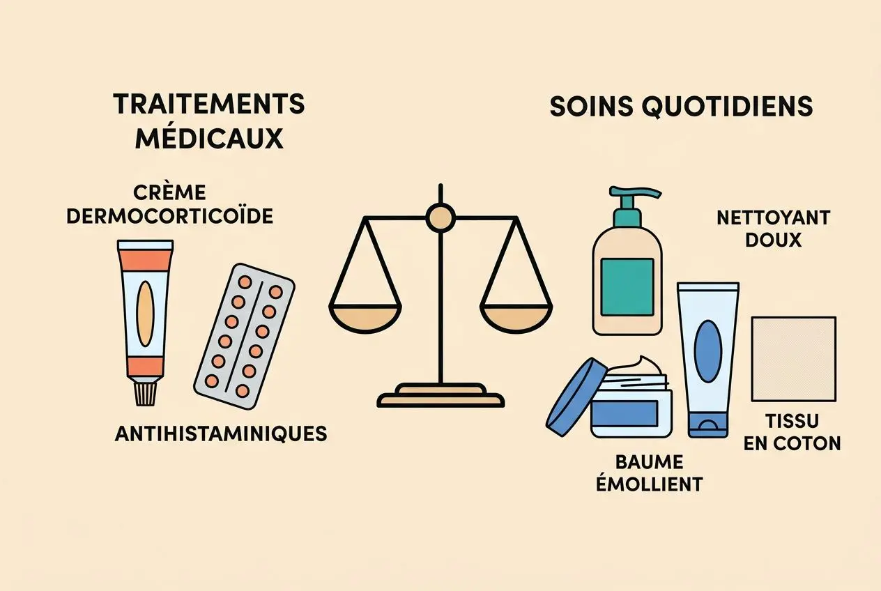 Eczéma nerveux : causes, rôle du stress et traitement 3 Éléments visuels montrant des traitements et soins pour l’eczéma nerveux: flacon de crème, comprimés antihistaminiques, balance symbolisant le choix, et produits de soins quotidiens (nettoyant doux, baume émollient, tissue en coton). Eczéma nerveux liée au stress.