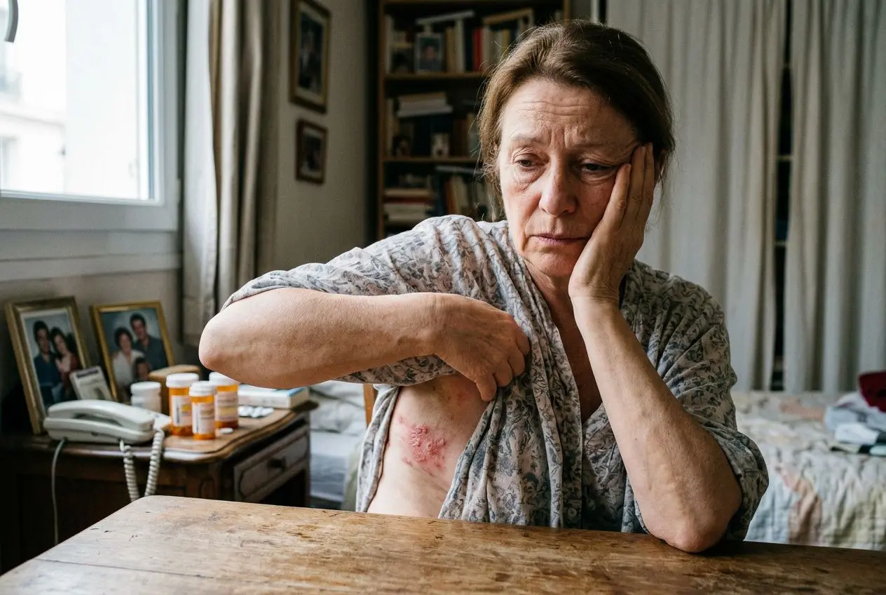 Femme âgée montrant une éruption cutanée sur le bras, assise à une table, expressions préoccupées. zone causes psychologiques et émotionnelles liées au stress.
