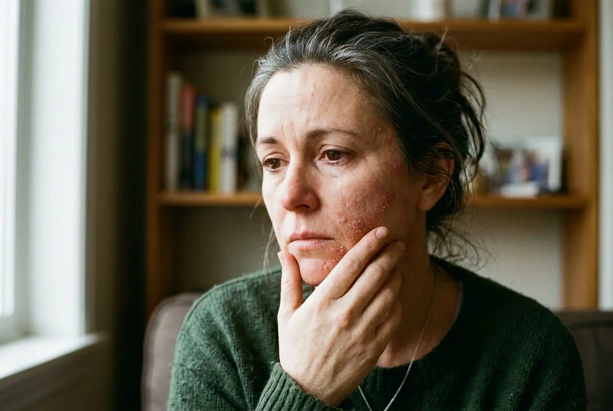 Blocage émotionnel : symptômes sur la peau liés au stress 3 Femme croyant ressentir une tension émotionnelle, touche sa joue pour montrer un inconfort cutané lié au stress, peau irritée. blocage émotionnel symptômes peau intégré.