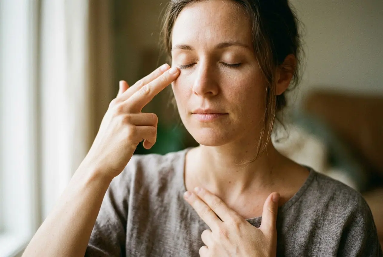 Comment faire une libération émotionnelle : technique et sens 2 Femme en méditation lightly ferme les yeux, touche son front et son sternum pour une libération émotionnelle.