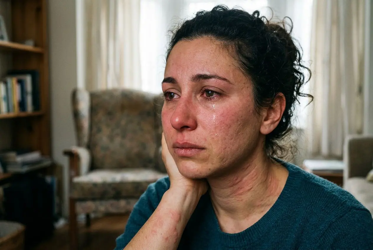 Blocage émotionnel : symptômes sur la peau liés au stress 2 Une femme au visage bouleversé, tears sur les joues, soutenant sa tête avec la main; y apparaissent rougeurs et irritations sur la peau. Blocage émotionnel symptômes peau évoqué par le stress.