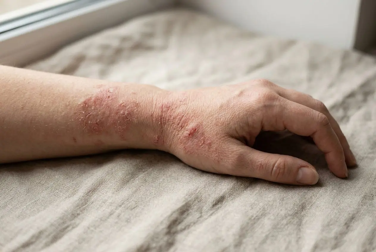 Main sujet: une main et avant-bras présentant une eczéma nerveux, peau rouge et plaques squameuses près du poignet. alt: Eczéma nerveux sur le bras avec plaques rouges et irritations visibles.