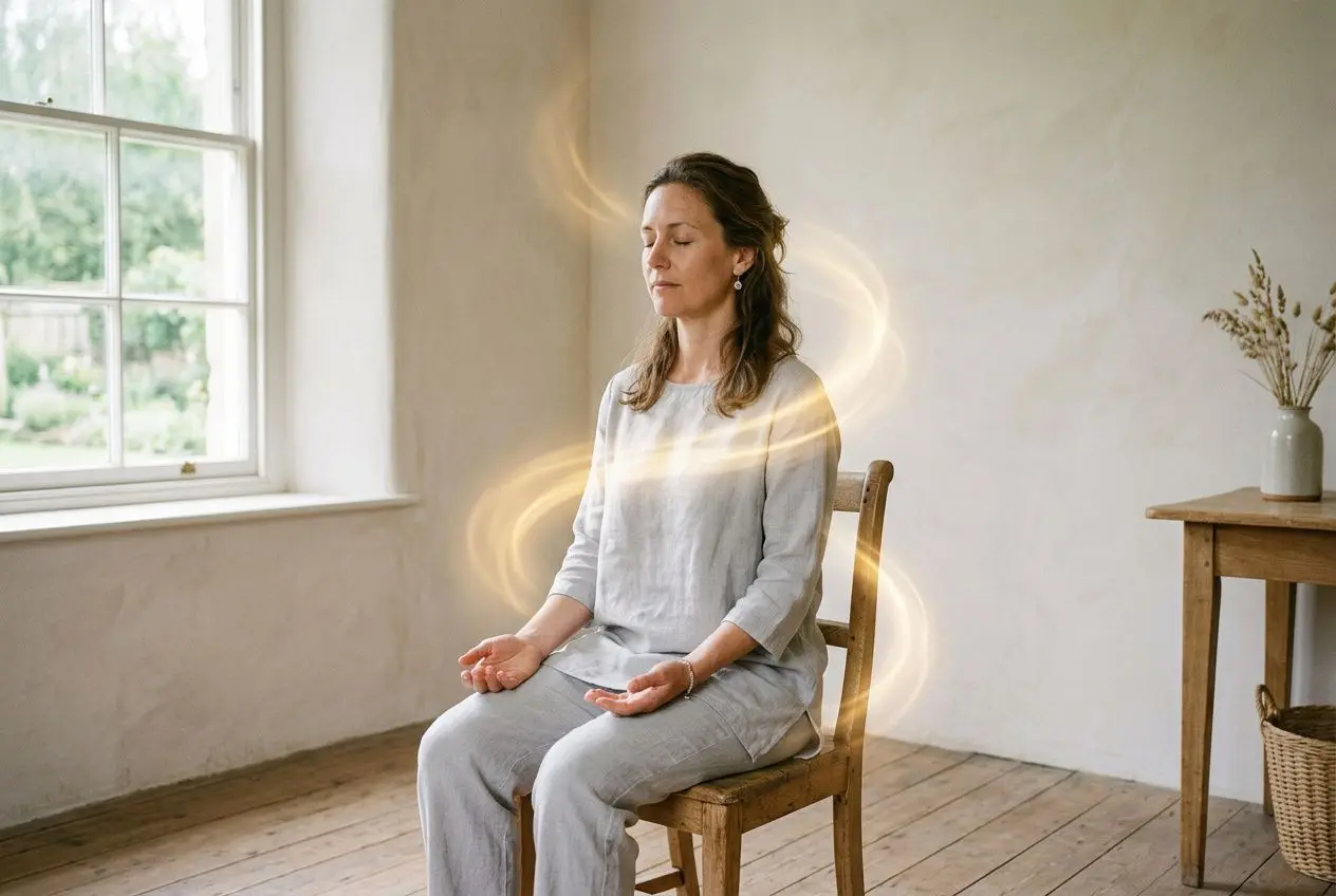 Herpès : signification émotionnelle et impact psychologique 3 Meditation calmante sur une chaise, sur fond lumineux; émanations visuelles autour d’elle évoquant la gestion du stress et la signification émotionnelle de l’herpès signification émotionnelle.