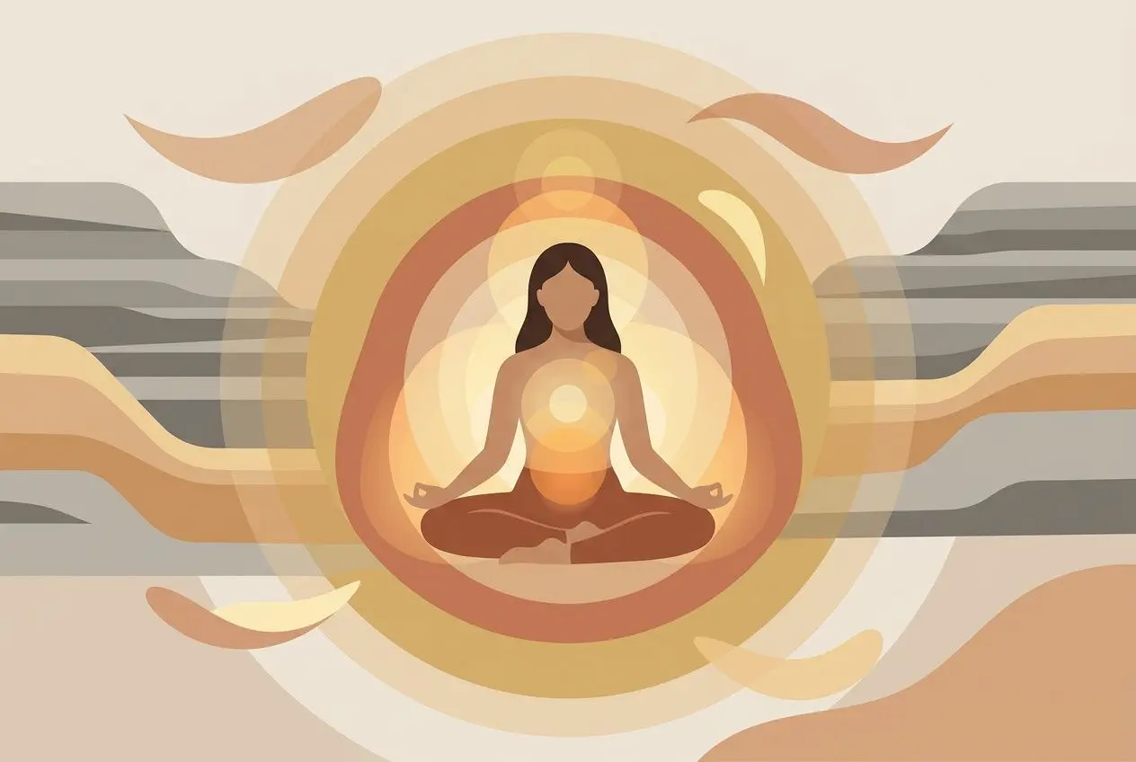 Persona en posture de méditation entourée d’anneaux lumineux symbolisant la thérapie transgénérationnelle.