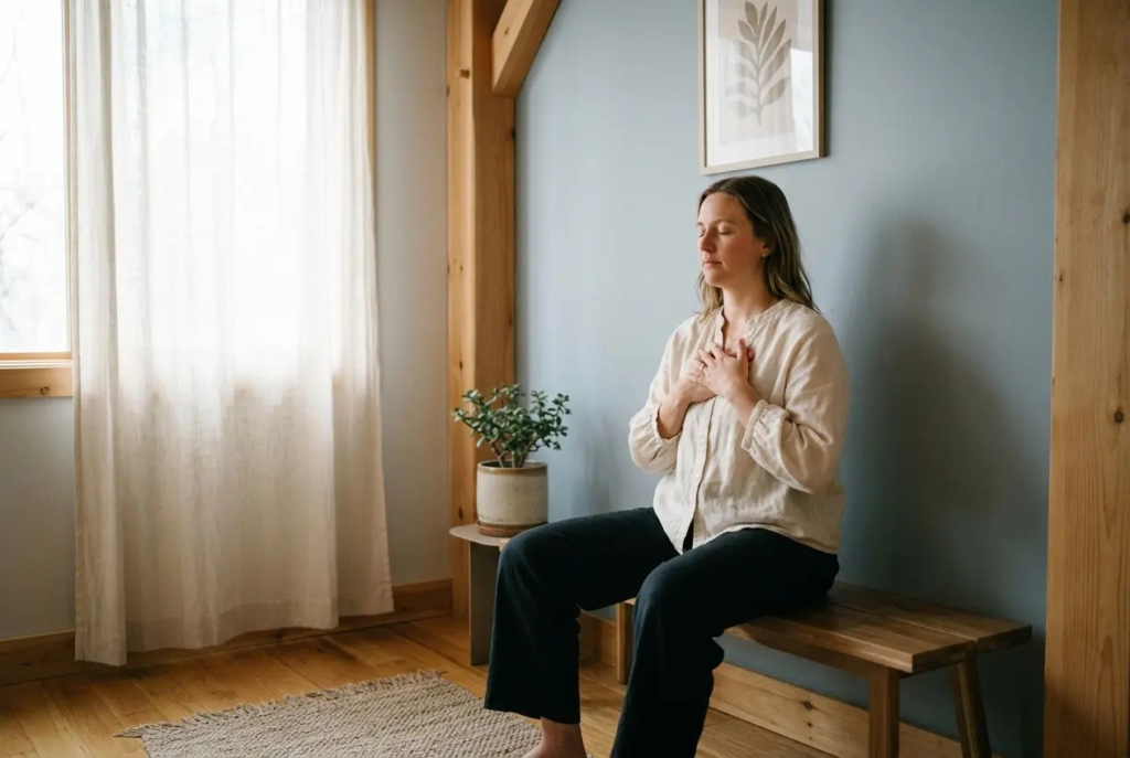 Blocages émotionnels : causes, signes et comment s'en libérer 1 Personne assise sur un banc en bois, les mains sur la poitrine, pratique une respiration consciente dans une pièce lumineuse et chaleureuse. Blocages émotionnels causes évoqué, cadre intime et serein.