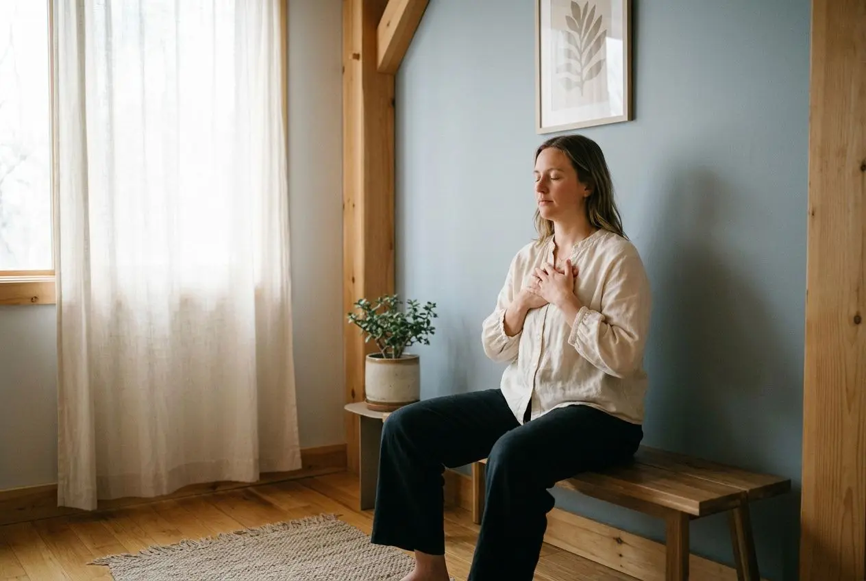 Blocages émotionnels : causes, signes et comment s'en libérer 1 Personne assise sur un banc en bois, les mains sur la poitrine, pratique une respiration consciente dans une pièce lumineuse et chaleureuse. Blocages émotionnels causes évoqué, cadre intime et serein.