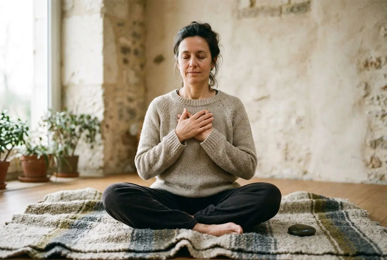 Comment faire une libération émotionnelle : technique et sens 1 Personne assise en lotus sur un tapis, mains sur la poitrine, yeux fermés, calme intérieur. | comment faire une libération émotionnelle