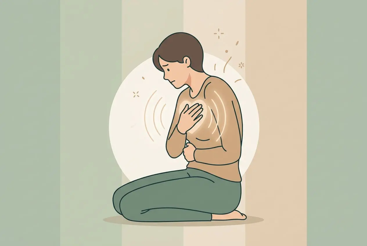 Personne assise en position de prière, main sur la poitrine, exprimant une émotion et une tension corporelle, illustration simplifiée.