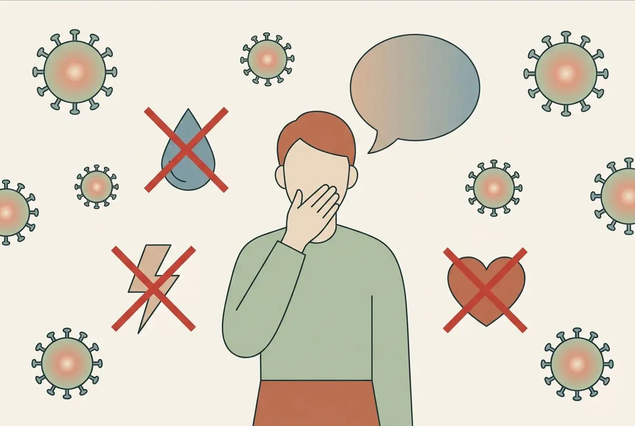 Herpès : signification émotionnelle et impact psychologique 2 Personne se couvrant le visage entourée de micro-organismes et de symboles rouges visibles, évoquant le stress sur les poussées d’herpès. herpès signification émotionnelle intégrée.