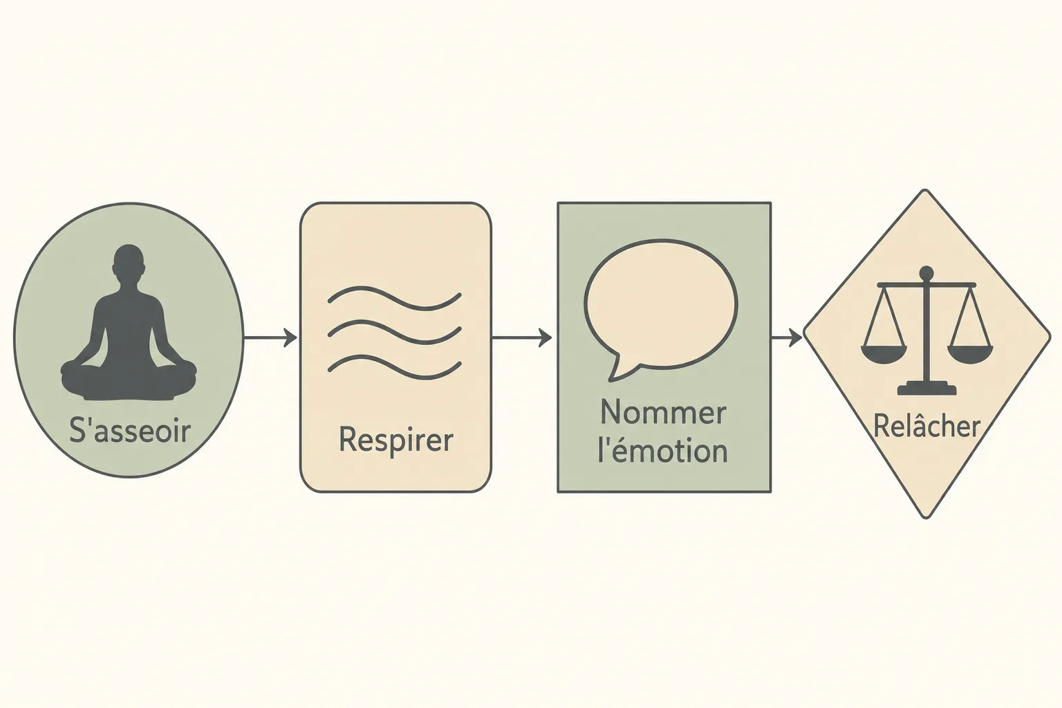 Comment gérer ses émotions au quotidien : guide pratique 2 Processus illustré pour gérer ses émotions: s’asseoir, respirer, nommer l’émotion et relâcher.