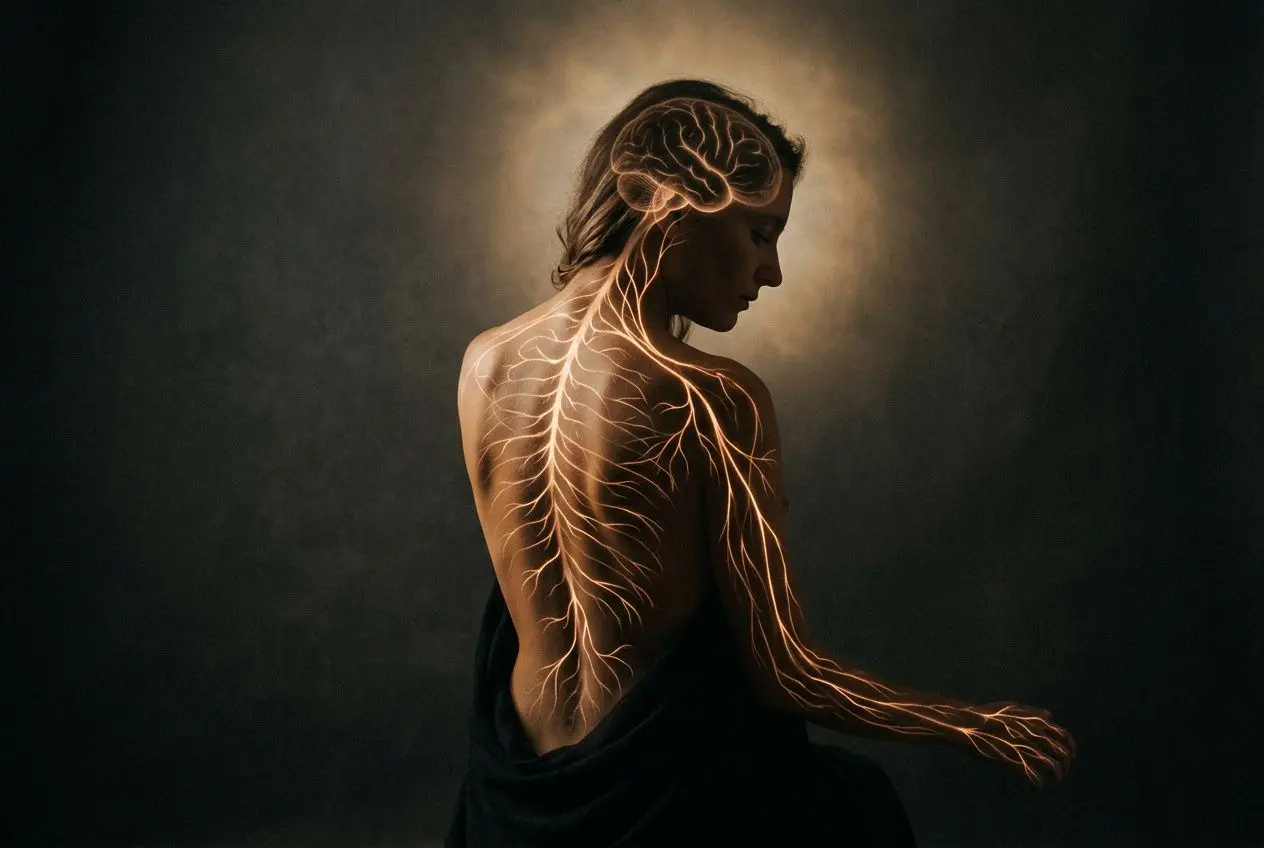 Silhouette d'une femme de dos, avec des filaments lumineux représentant les nerfs et la colonne vertébrale, symbolisant la mémoire émotionnelle du corps.