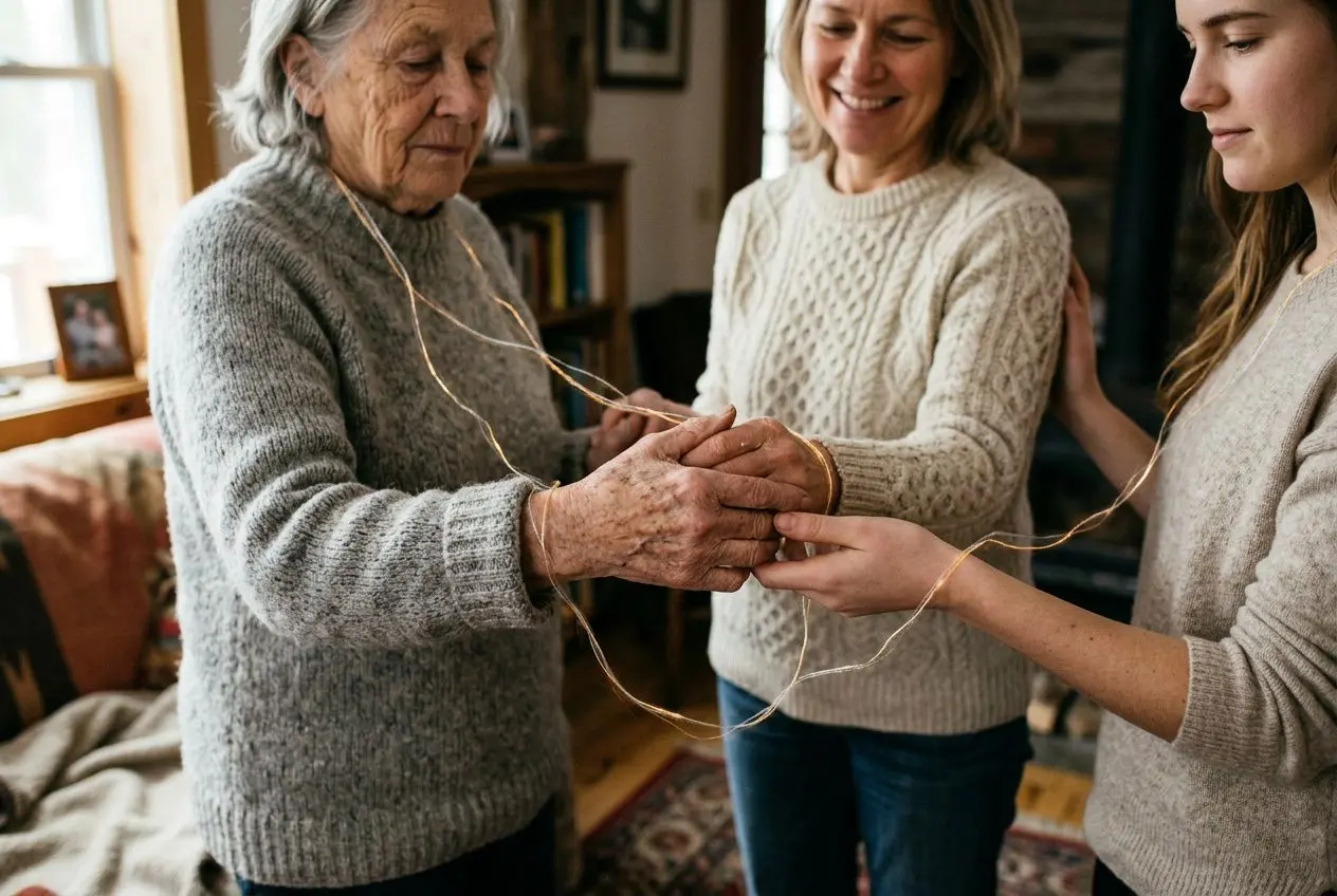 Trois générations partagent un moment intime : une grand-mère âgée tient les mains de ses descendants, symbolisant mémoire transgénérationnelle exemple et transmission d’héritage émotionnel.