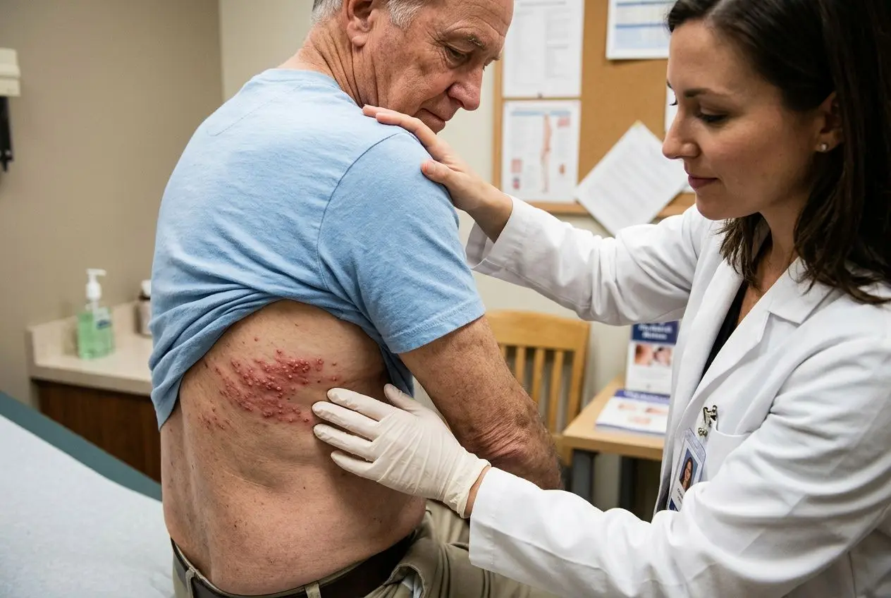 Zona : causes psychologiques et émotionnelles liées au stress, médecin examinant un homme âgé présentant une lésion cutanée sur le dos, toucher rassurant.