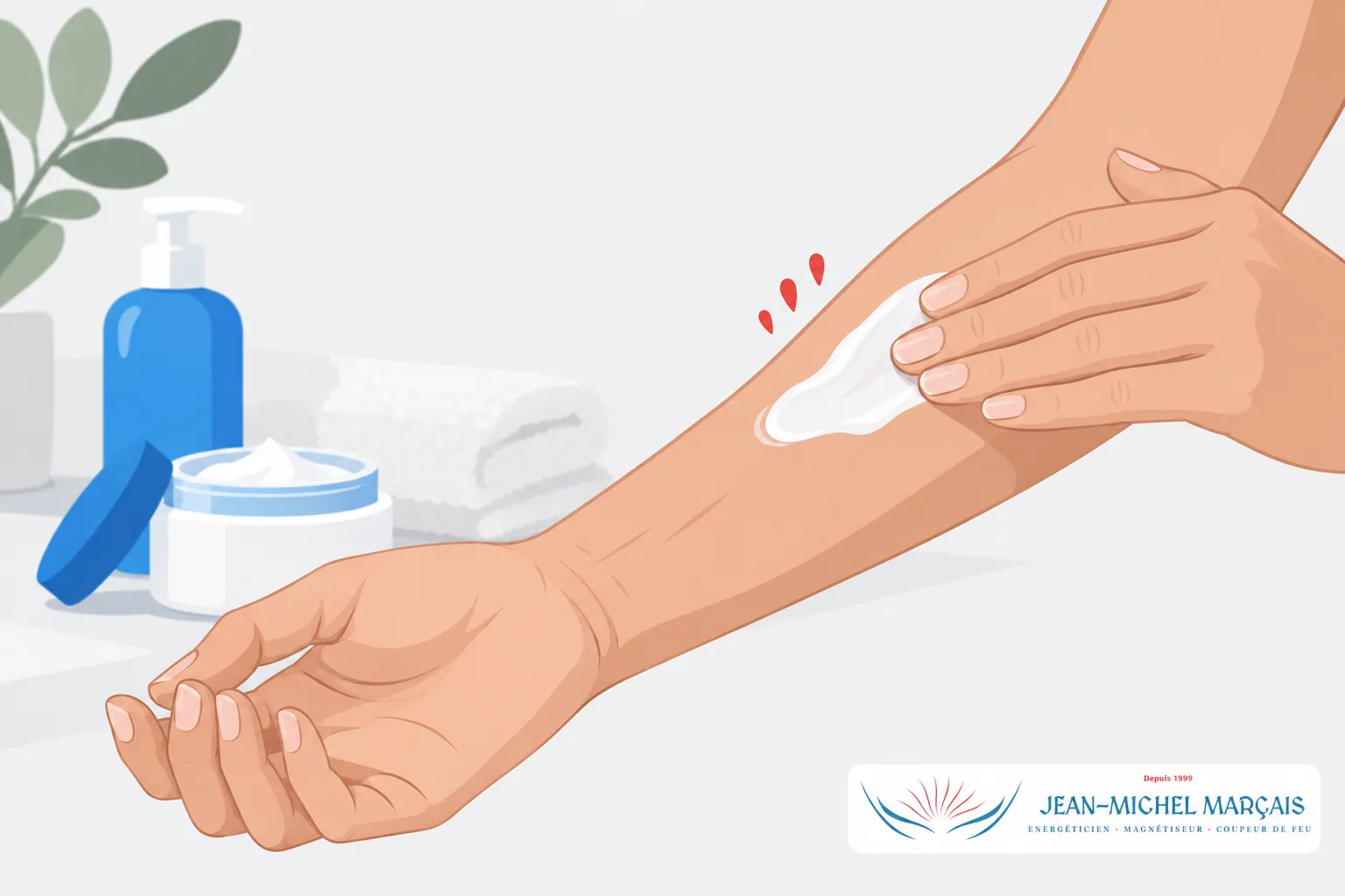 Application d'une crème sur le bras avec un tube et flacon visibles à côté.
