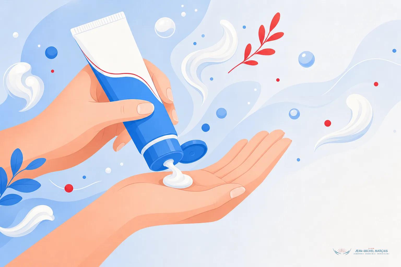 Eczéma de la main causé par le stress : symptômes et solutions 3 Application topique sur la main : tube de crème en main, gestes pour apaiser l’eczéma main stress et prévention lors d’un épisode d’eczéma nerveux.