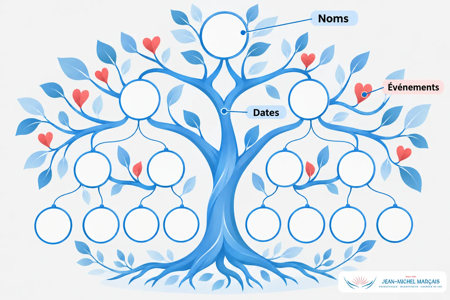 Intelligence transgénérationnelle et blessures du passé 2 Arbre généalogique stylisé avec des branches et des cercles vides sur fond blanc, etiquetas Noms, Dates et Événements