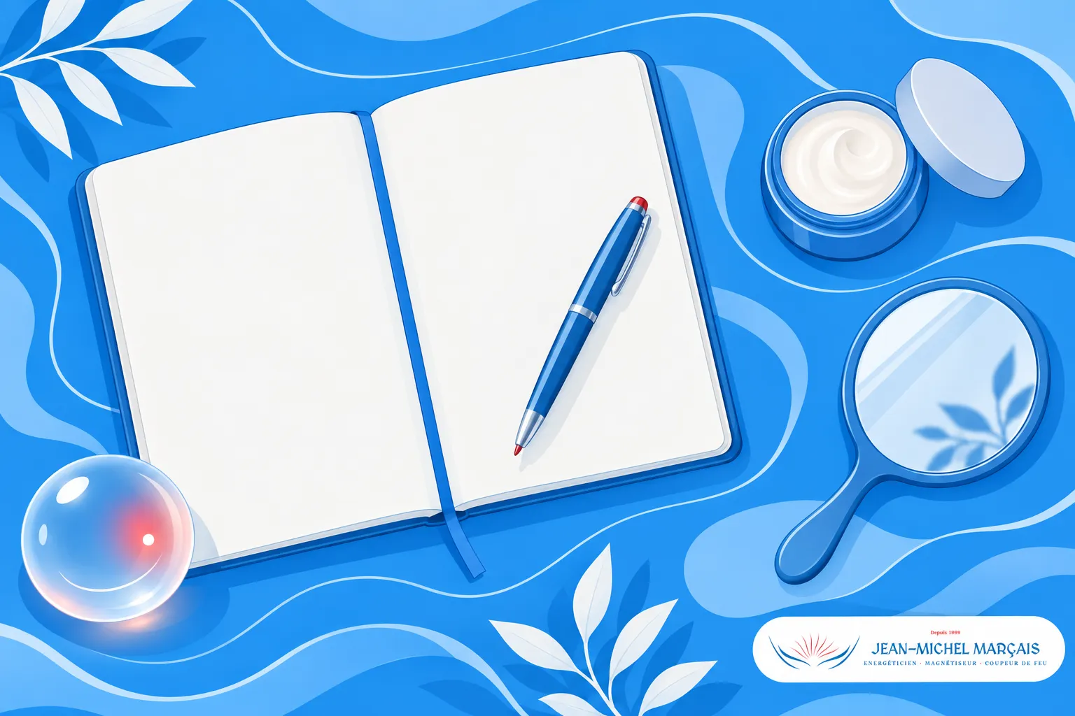Carnet ouvert avec stylo posé sur la page vide, entouré d’un miroir et d’un petit pot de crème sur un fond bleu décoratif.
