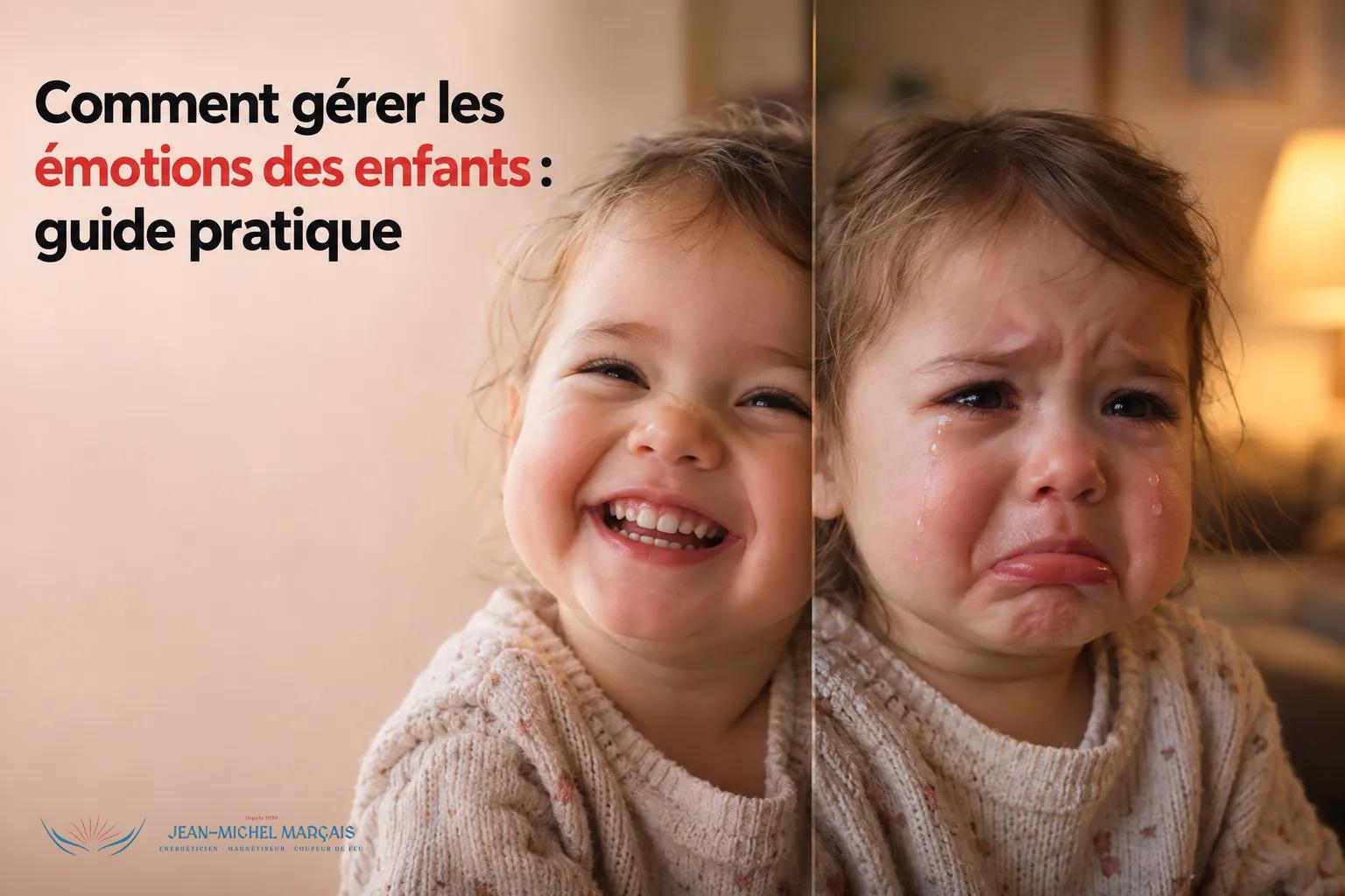 Comment gérer les émotions des enfants : guide pratique, image d’un petit garçon ou fille souriant puis qui pleure, affichage divisé par miroir et ambiance chaleureuse.