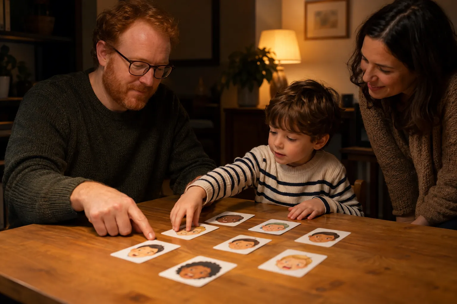 Comment gérer les émotions des enfants : guide pratique 2 Famille autour d’une table, père et mère guidant leur enfant qui pointe des cartes avec des visages représentant des émotions.