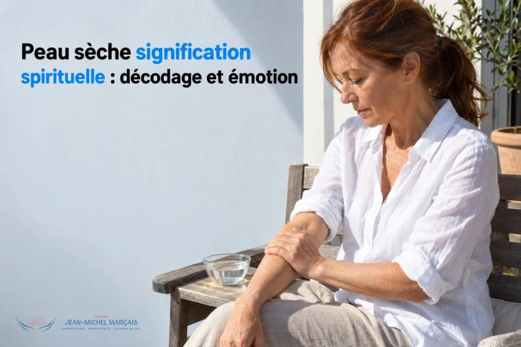 Peau sèche signification spirituelle : décodage et émotion 1 Femme assise sur un banc, se frottant le bras droit dans un geste introspectif.