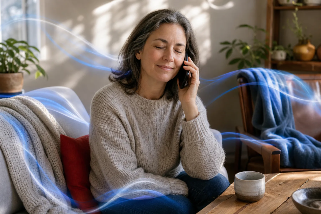 Les bénéfices des séances énergétiques sur le bien-être 1 Femme assise sur un canapé, écouteur au téléphone, ambiance calme et lumineuse. Bords bleus éthérés suggérant des énergies positives autour d’elle. Bénéfices des séances énergétiques pour le bien-être.
