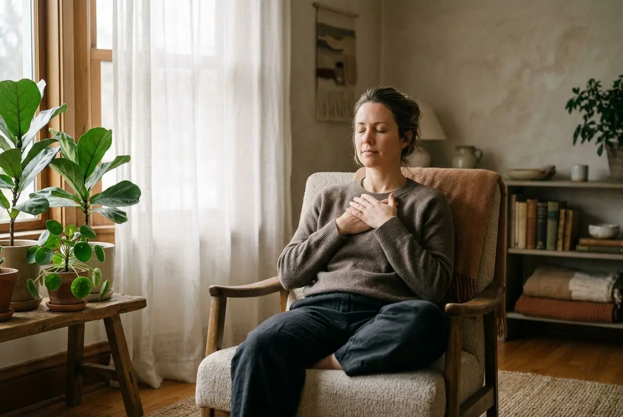 Femme assise sur un fauteuil, les yeux clos et les mains sur la poitrine, mode calme et méditatif à domicile avec plantes vertes et lumière naturelle. comment se libérer psychologiquement.