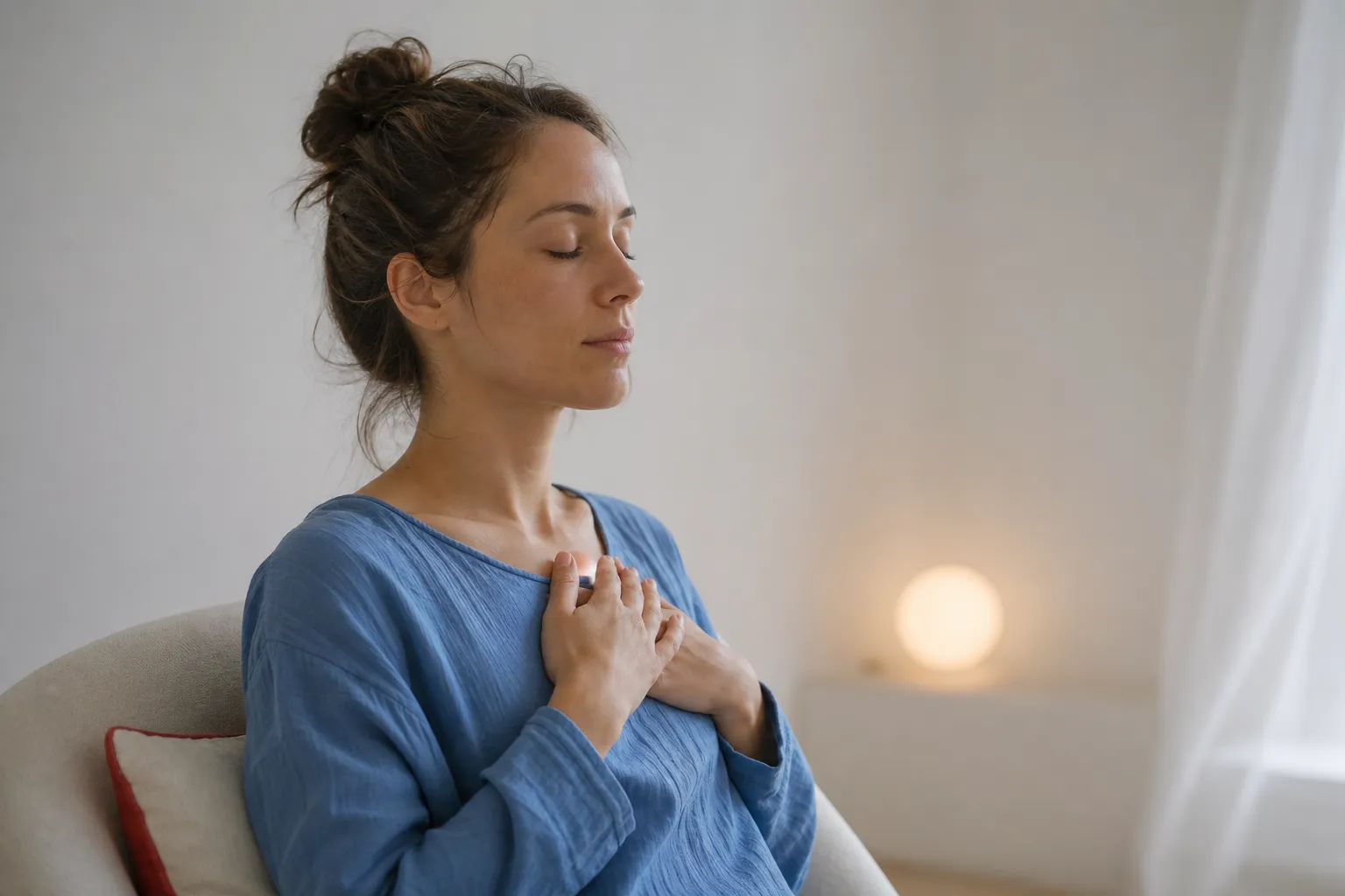 Femme méditant les yeux fermés, mains sur la poitrine, détendue dans un intérieur doux évoquant les blocages émotionnels manifestations physiques.