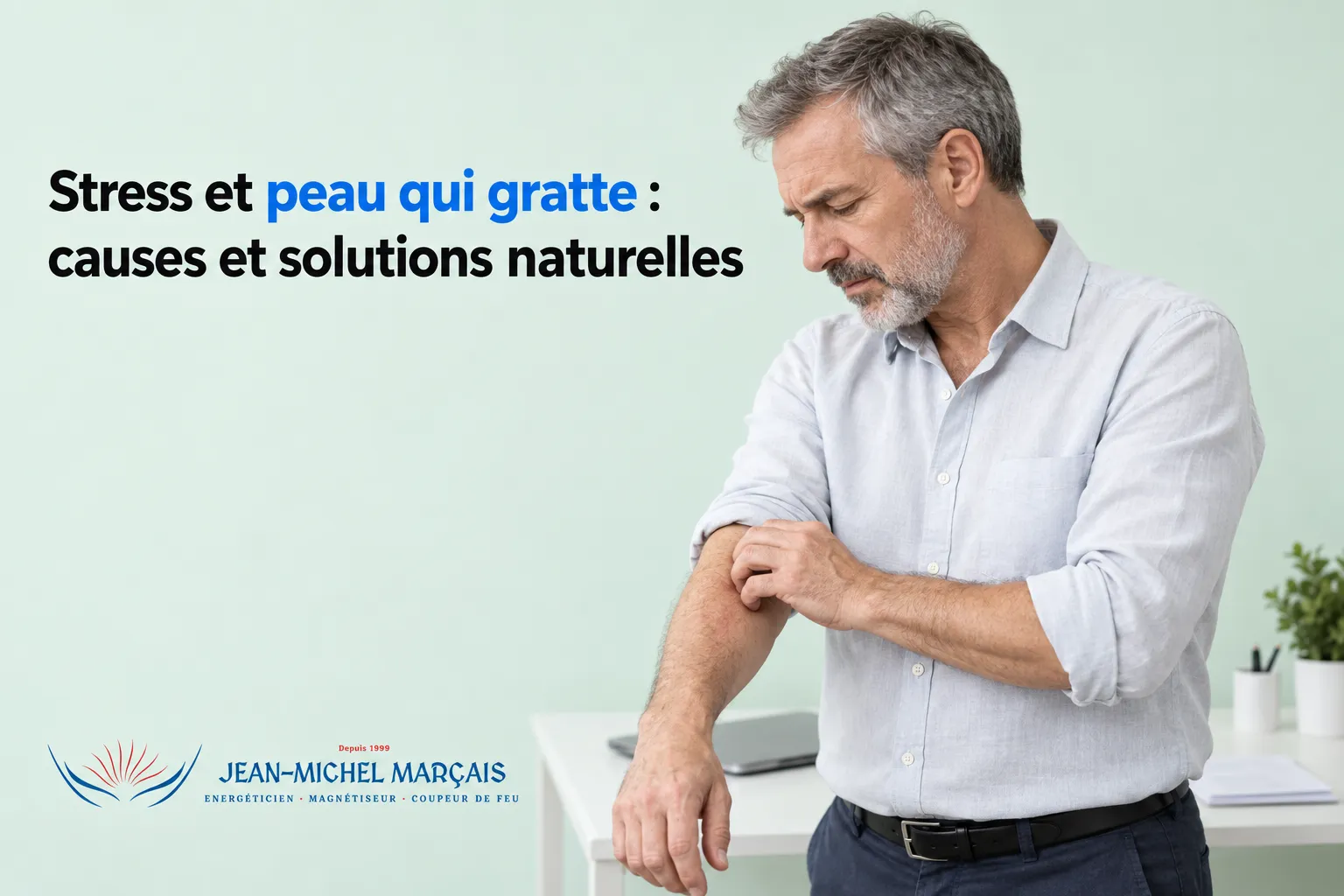 Homme d'âge moyen se grattant le bras dans un intérieur, en train de regarder son avant-bras.