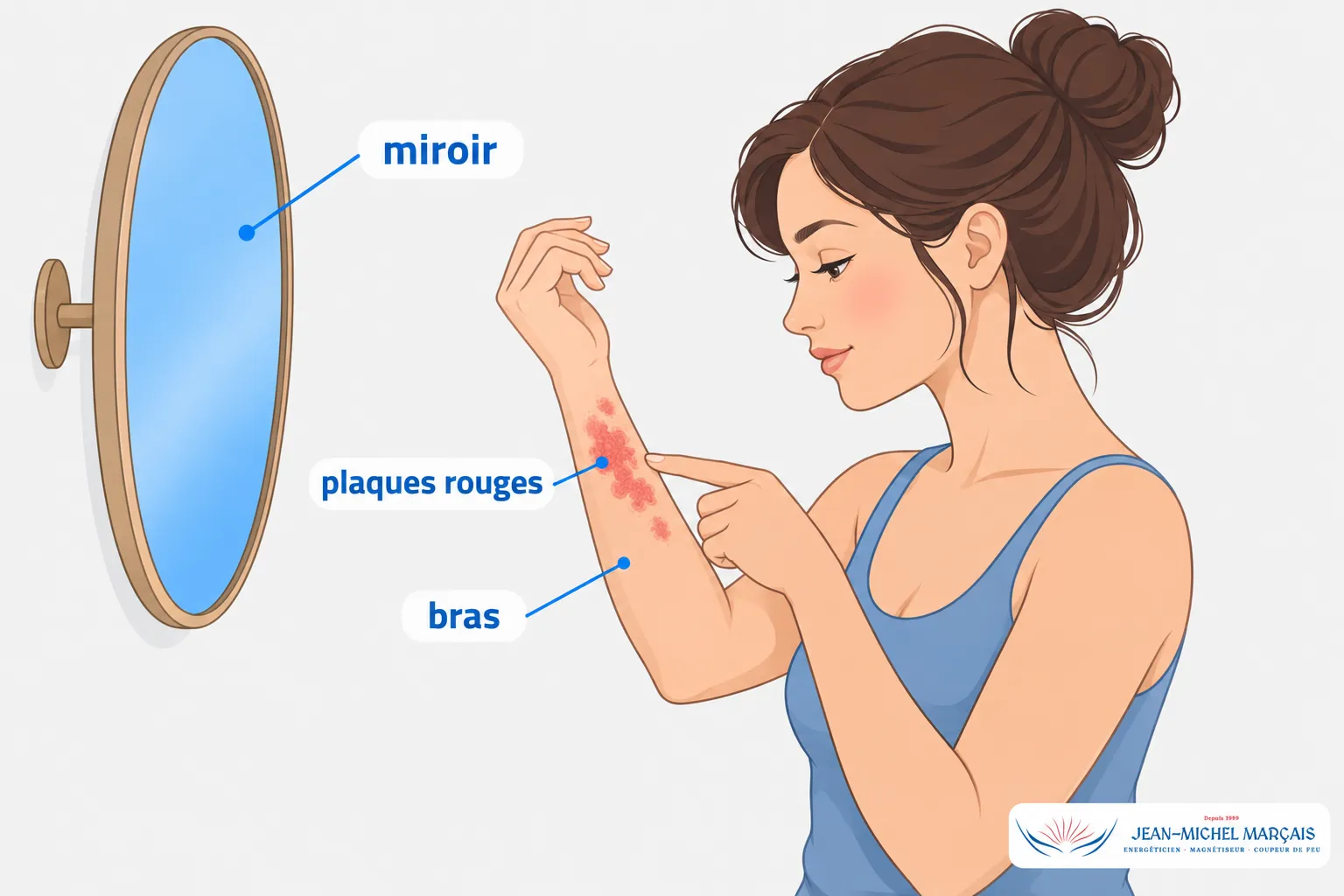 Une jeune femme se regarde dans un miroir en pointant son avant-bras où apparaissent des plaques rouges.