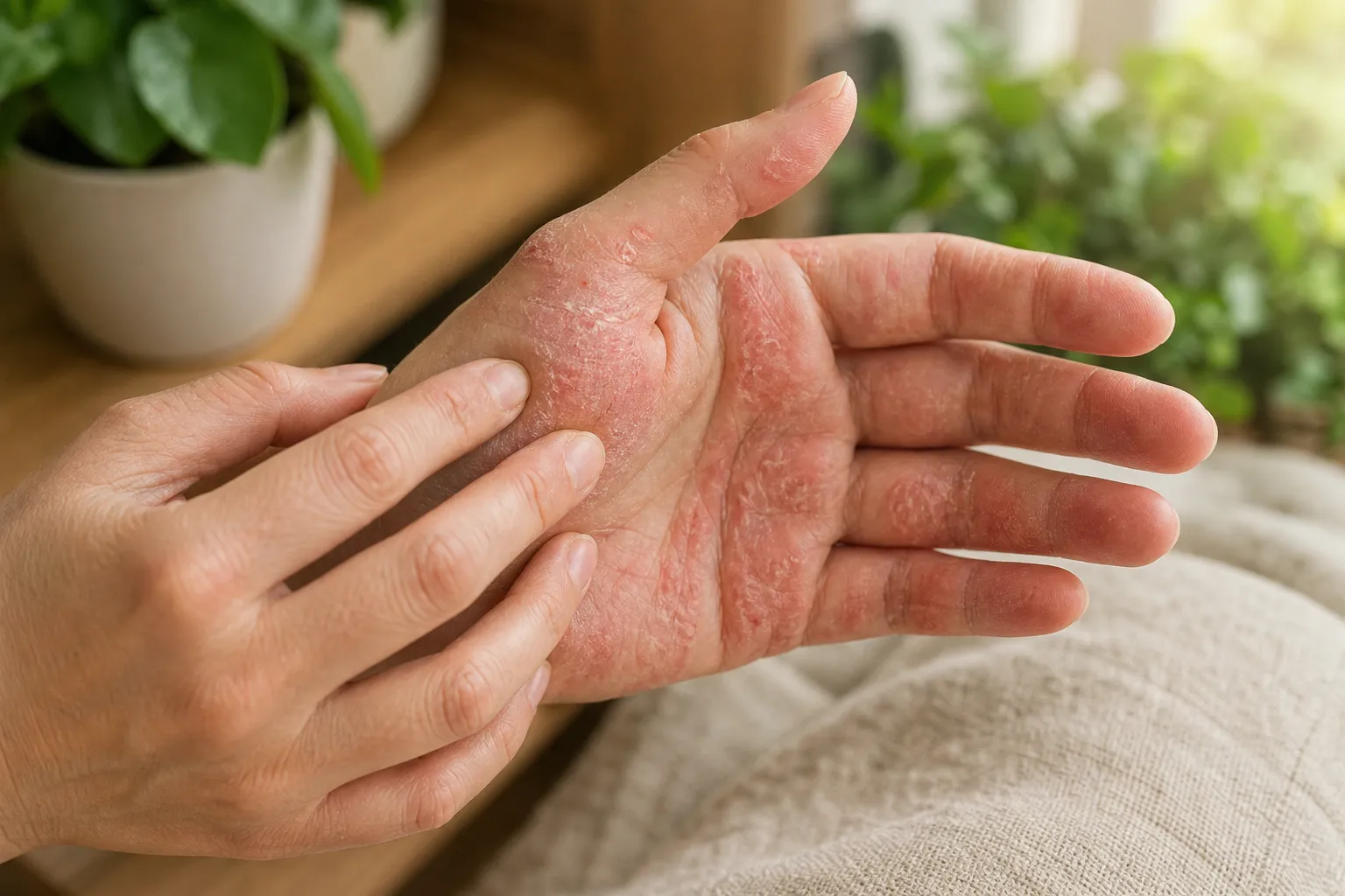 Main sujet: main irritée et rouge avec sécheresse; gestes de soin pour l’eczéma main stress et réduction des poussées.