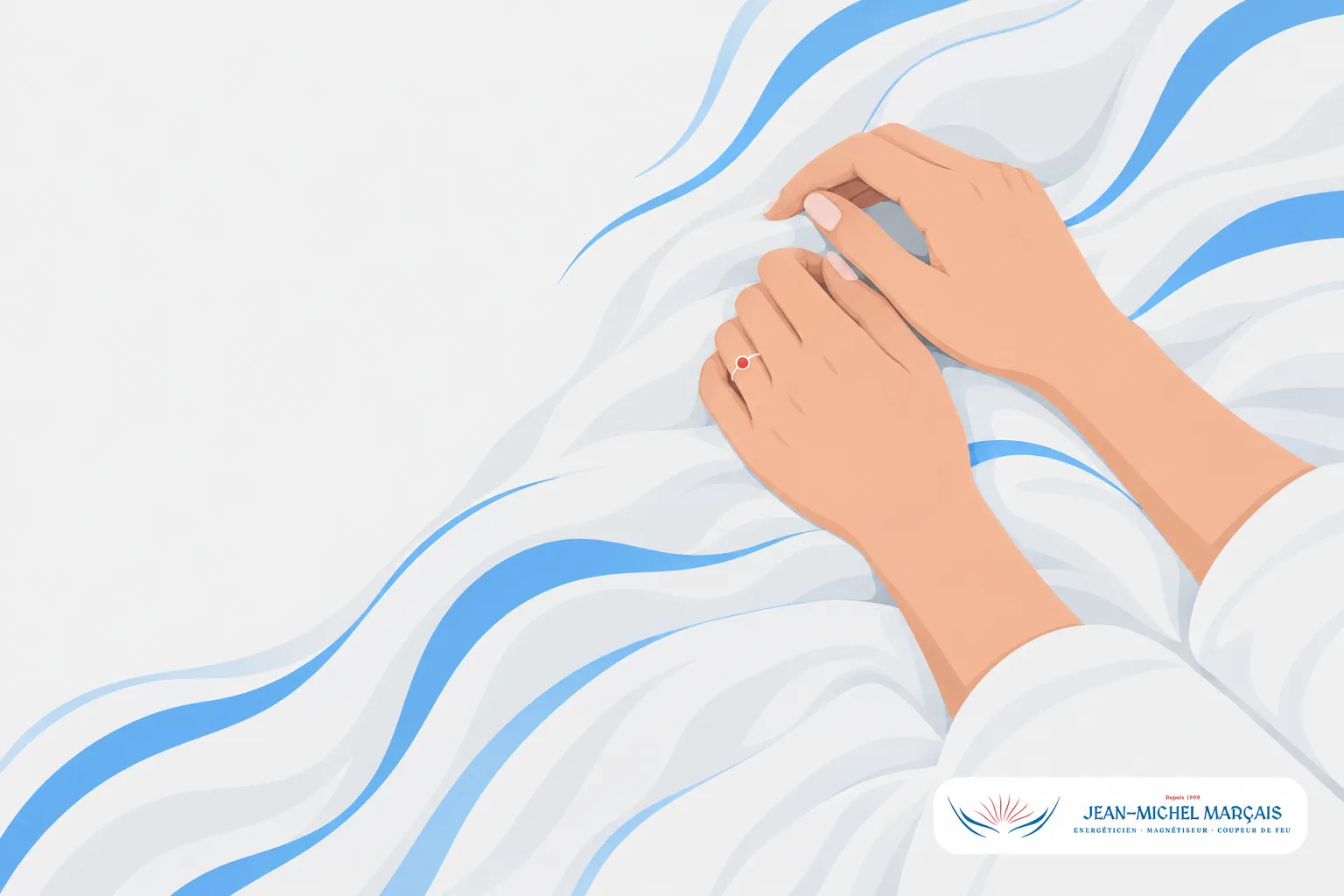 Mains posées sur un lit ou une couverture blanche avec des motifs bleus, comme en guidance ou en méditation.