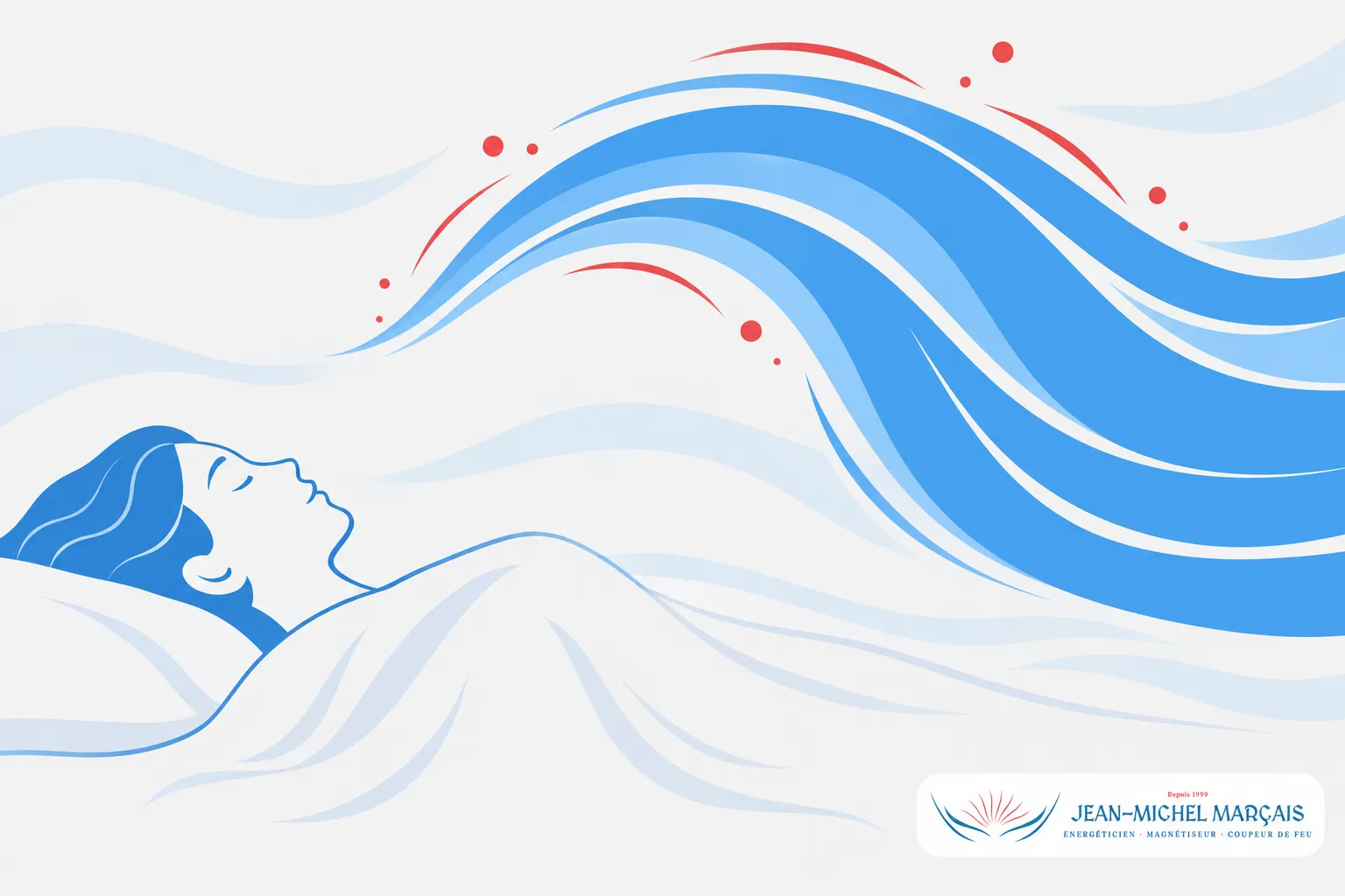 Une personne est allongée, les yeux fermés, entourée de vagues bleues dessinant un flux apaisant.