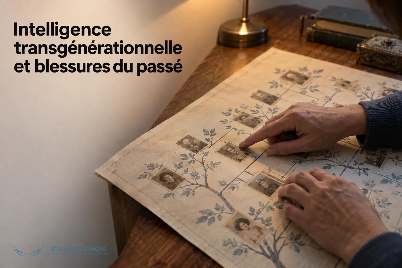 Accueil 7 Une personne pointe du doigt un arbre généalogique avec des photos de famille sur une table.