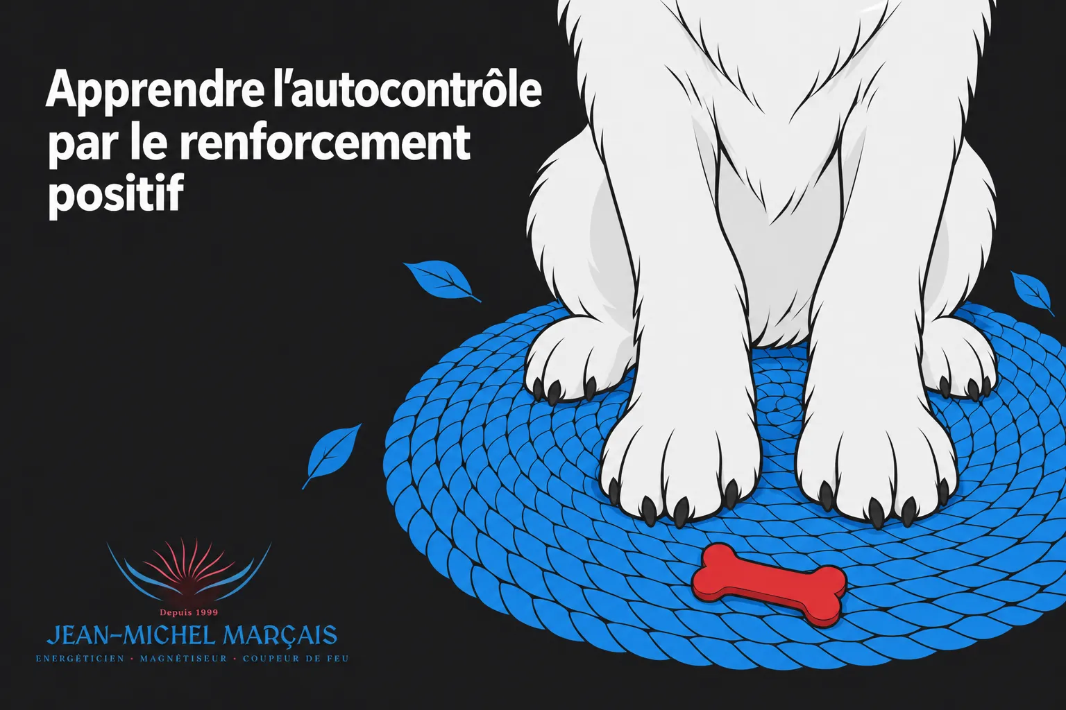Apprentissage de l’autocontrôle par le renforcement positif avec les pattes d’un chien sur un tapis bleu et un os rouge.