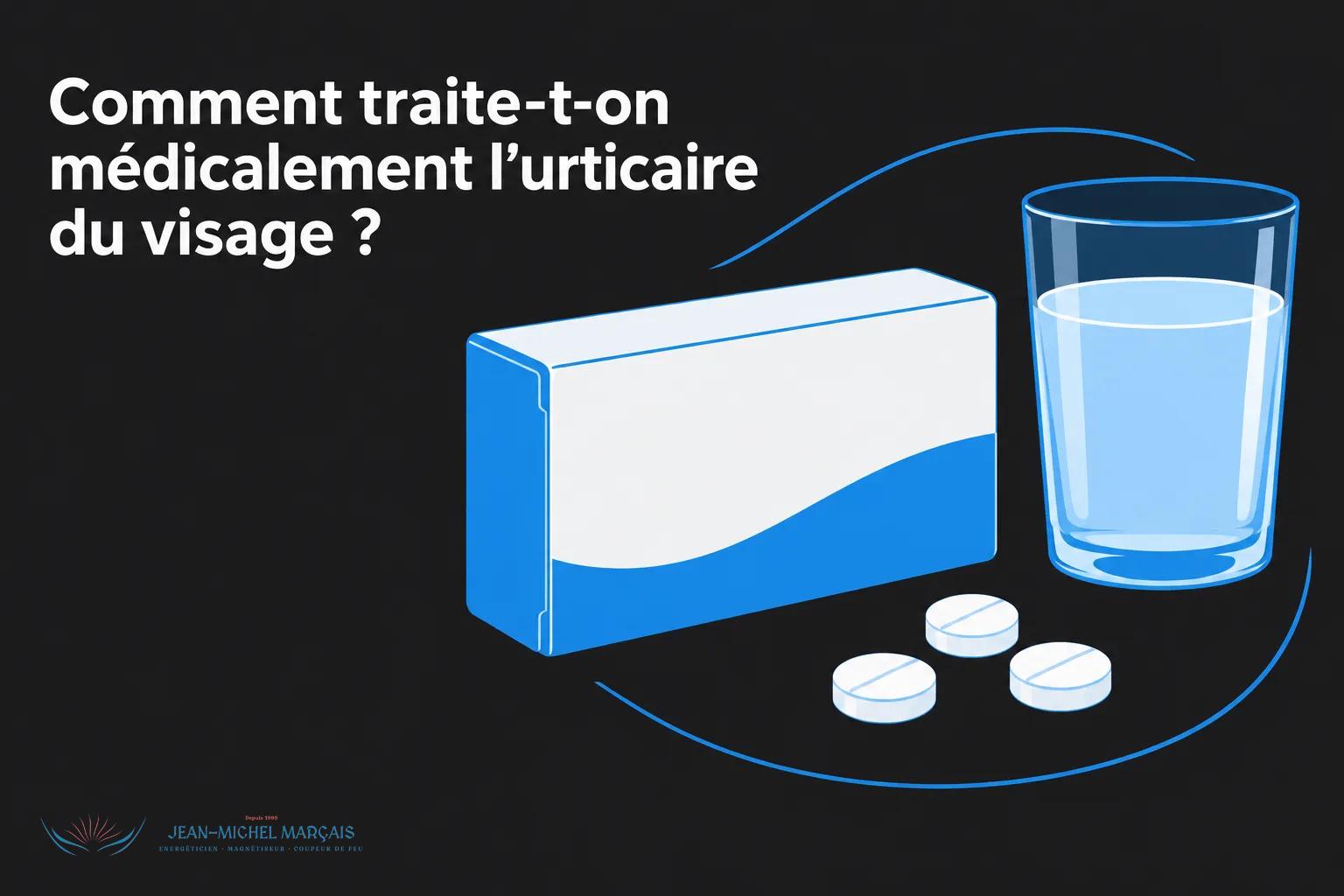 Boîte de médicament à côté d'un verre d'eau et de trois comprimés blancs appliqués sur un fond sombre.