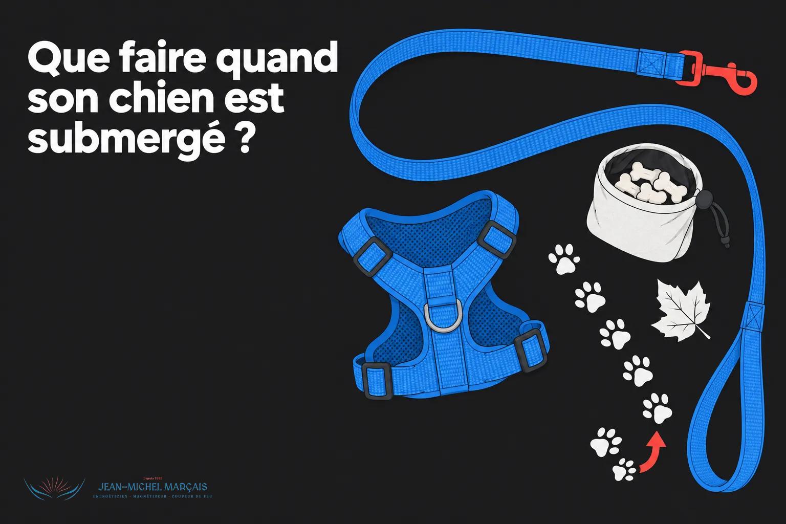 Un collier et une laisse bleus posés à côté d’un bol d’eau et d’os, sur fond noir.