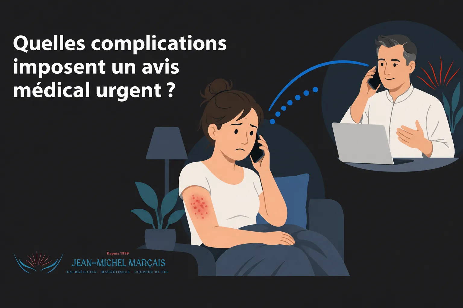 Zona et stress : quel lien et quel traitement ? 3 Une femme assise sur un canapé montre son bras avec une éruption cutanée rouge, pendant qu’un médecin au téléphone parle à