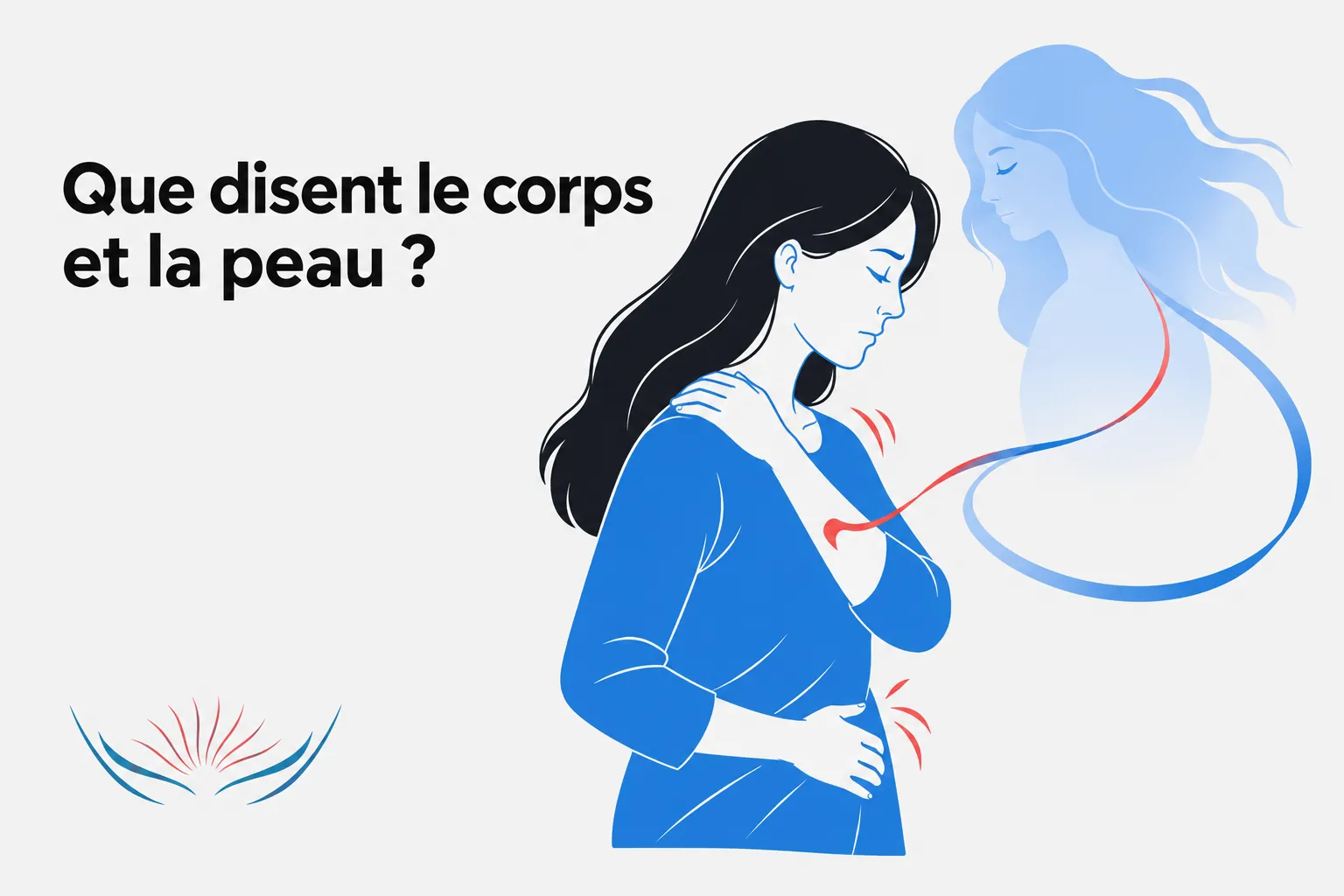 Comment se libérer de ses émotions enfouies ? 3 Une femme en bleu se tient le ventre et se touche l’épaule, avec une silhouette translucide et une vague lumineuse près du